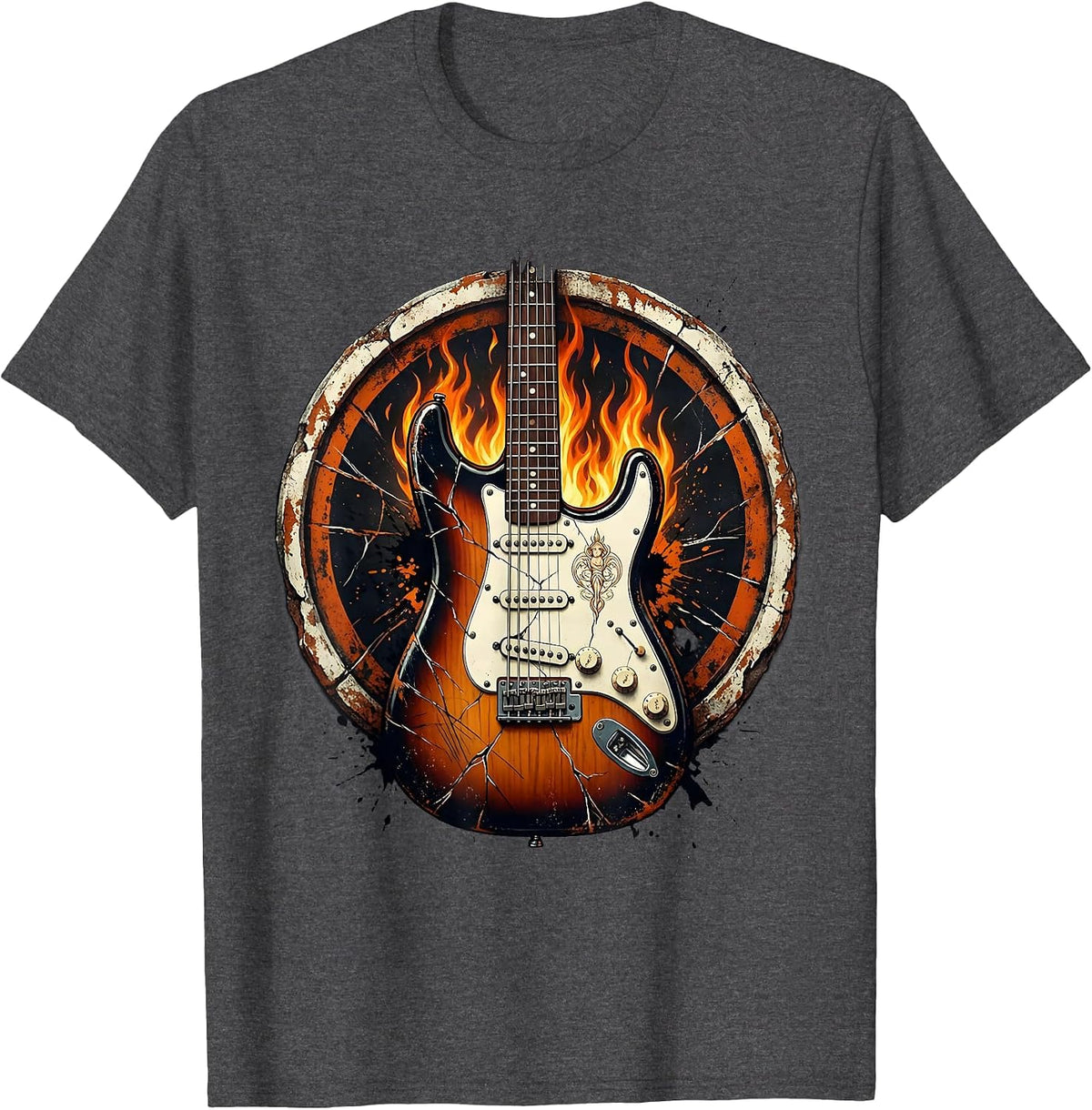 Cracked Electric Guitar Flames Rock and Roll Design T-Shirt - Dark Heather Grey