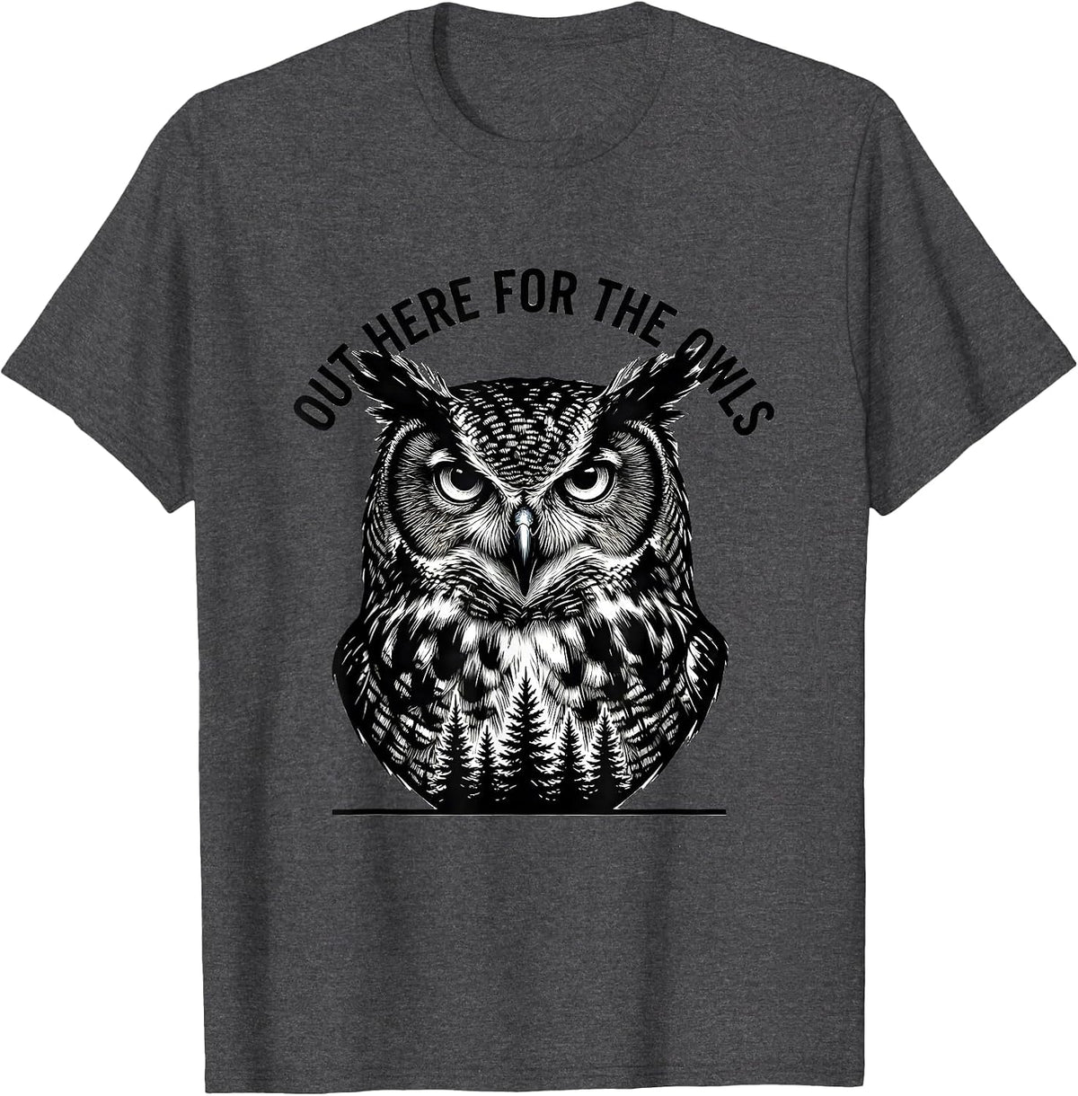 Men's Out Here For The Owls Scratchboard Forest Wildlife Animal T-Shirt - Dark Heather Grey