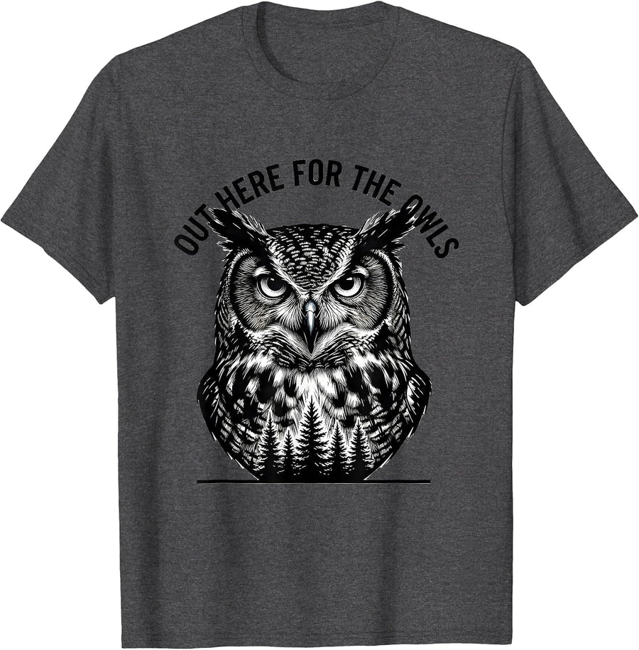 Men's Out Here For The Owls Scratchboard Forest Wildlife Animal T-Shirt - Dark Heather Grey