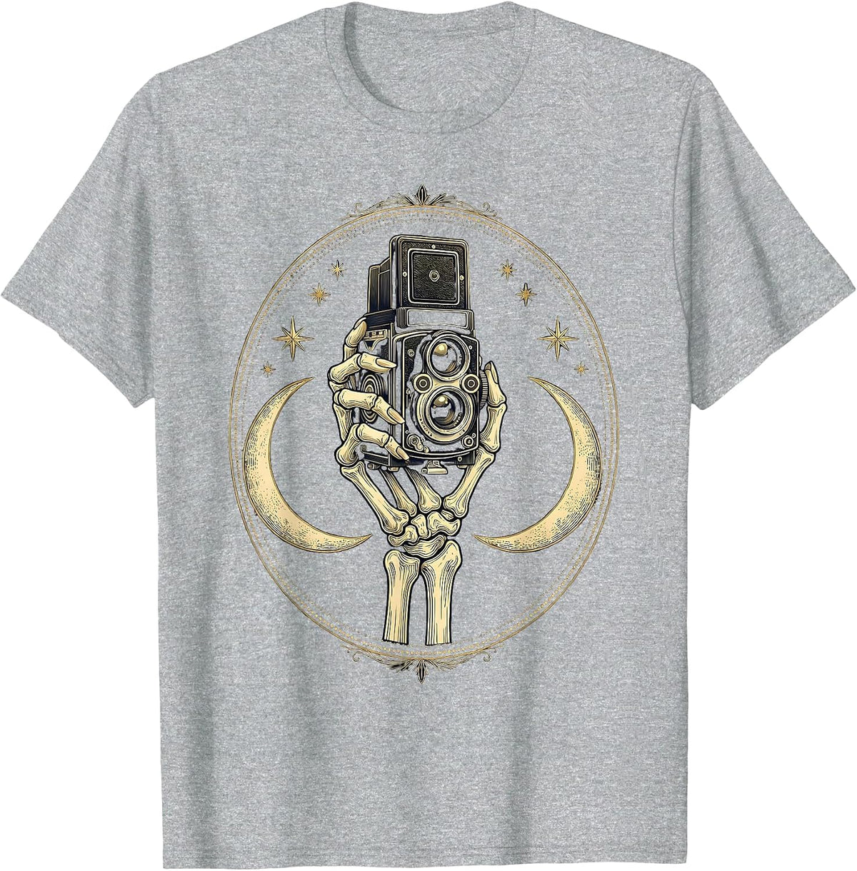 Men's Skeleton Hand Vintage Camera Photography Graphic T-Shirt - Heather Grey