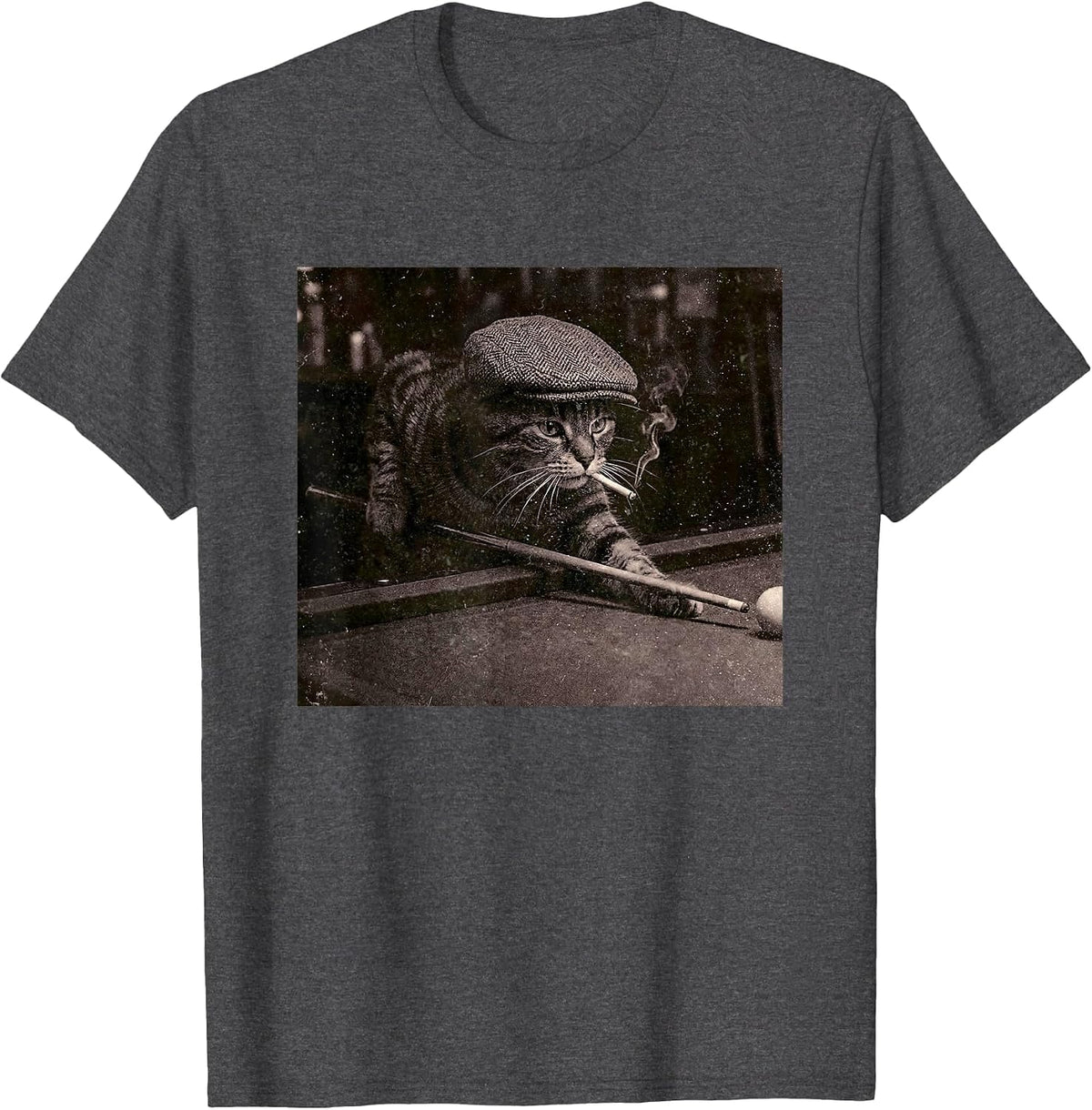 Kitten Cat Playing Pool Billiards Smoking Cigarette Meme 90s T-Shirt - Dark Heather Grey