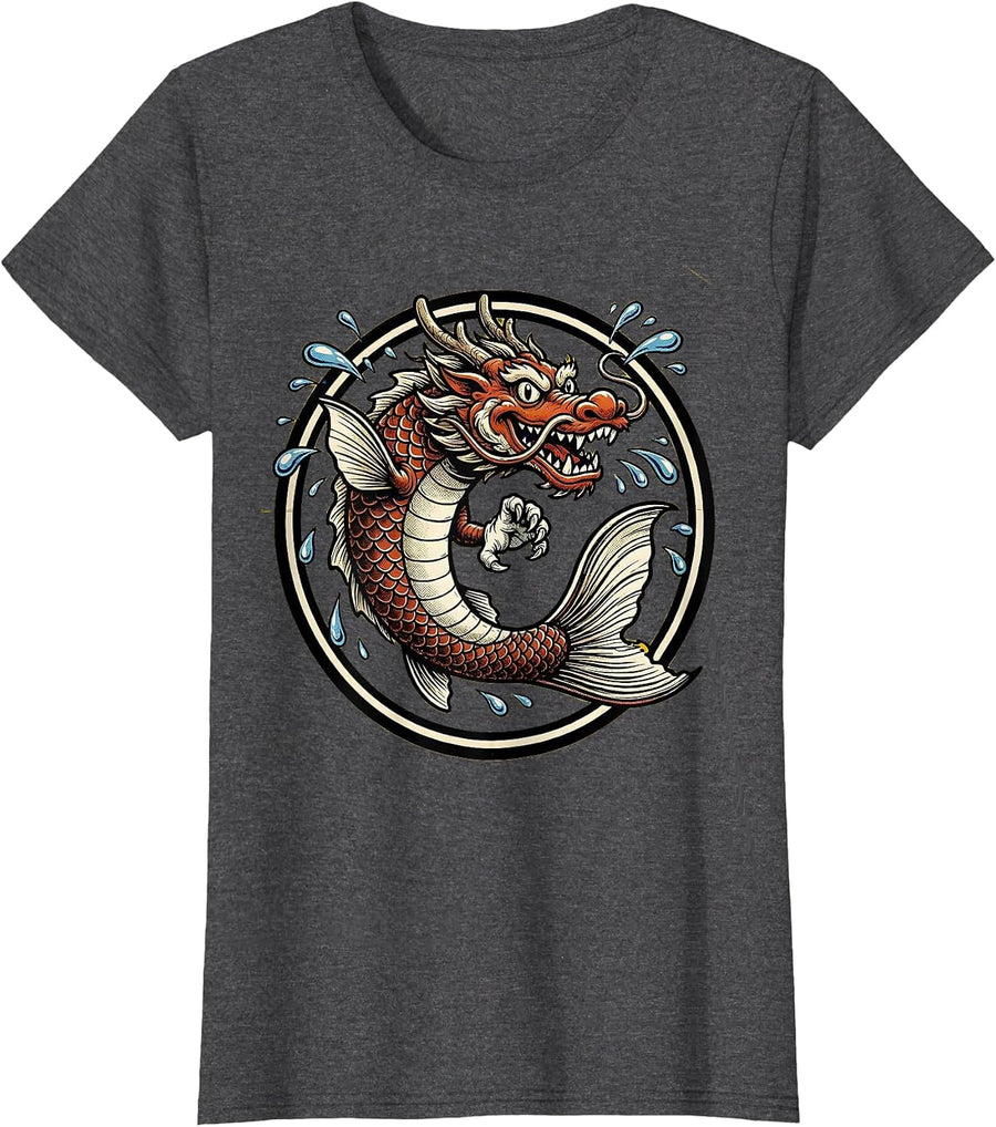 Women's Koi to Dragon Transformation Anime Art T-Shirt - Dark Heather Grey