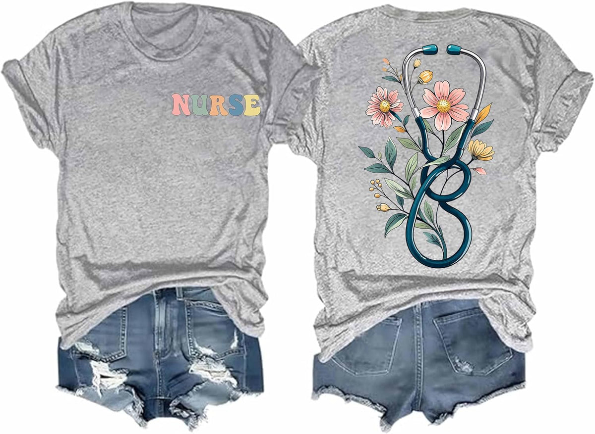 Nurse Shirts for Women Nurse Life T Shirt Funny Boho Floral Stethoscope Graphic Tshirt - Grey