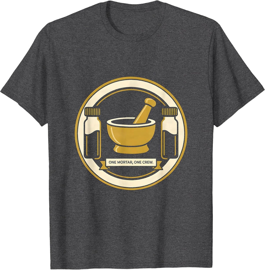 Men's One Mortar, One Crew Cute Pharmacy Tech Humor T-Shirt - Dark Heather Grey