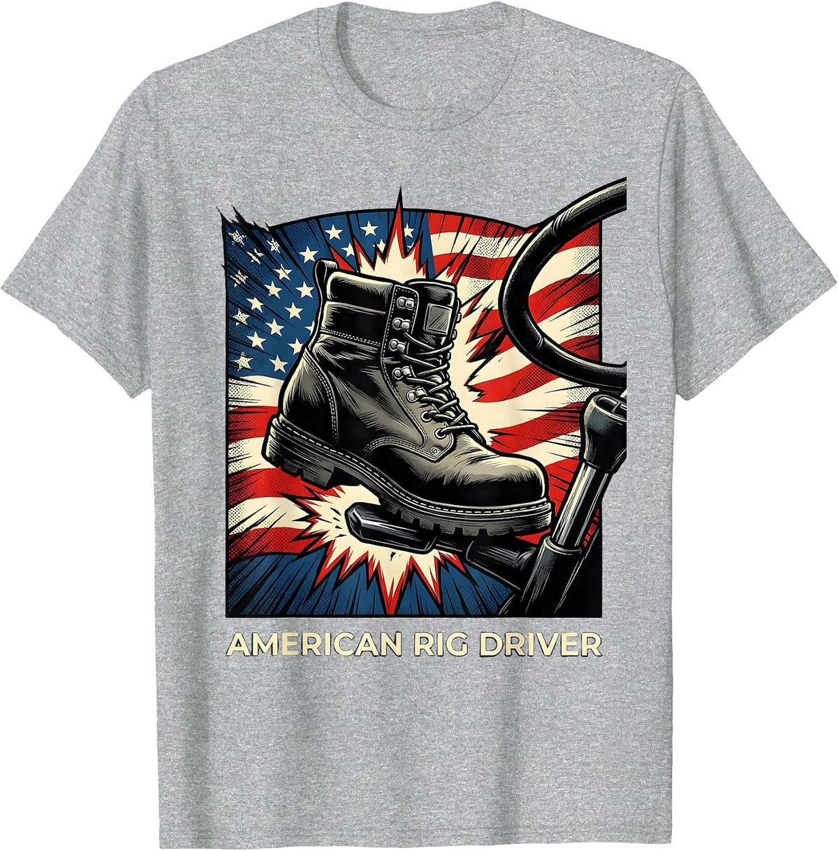 Men's American Rig Driver Comic Book Patriotic Trucker Occupation T-Shirt - Heather Grey