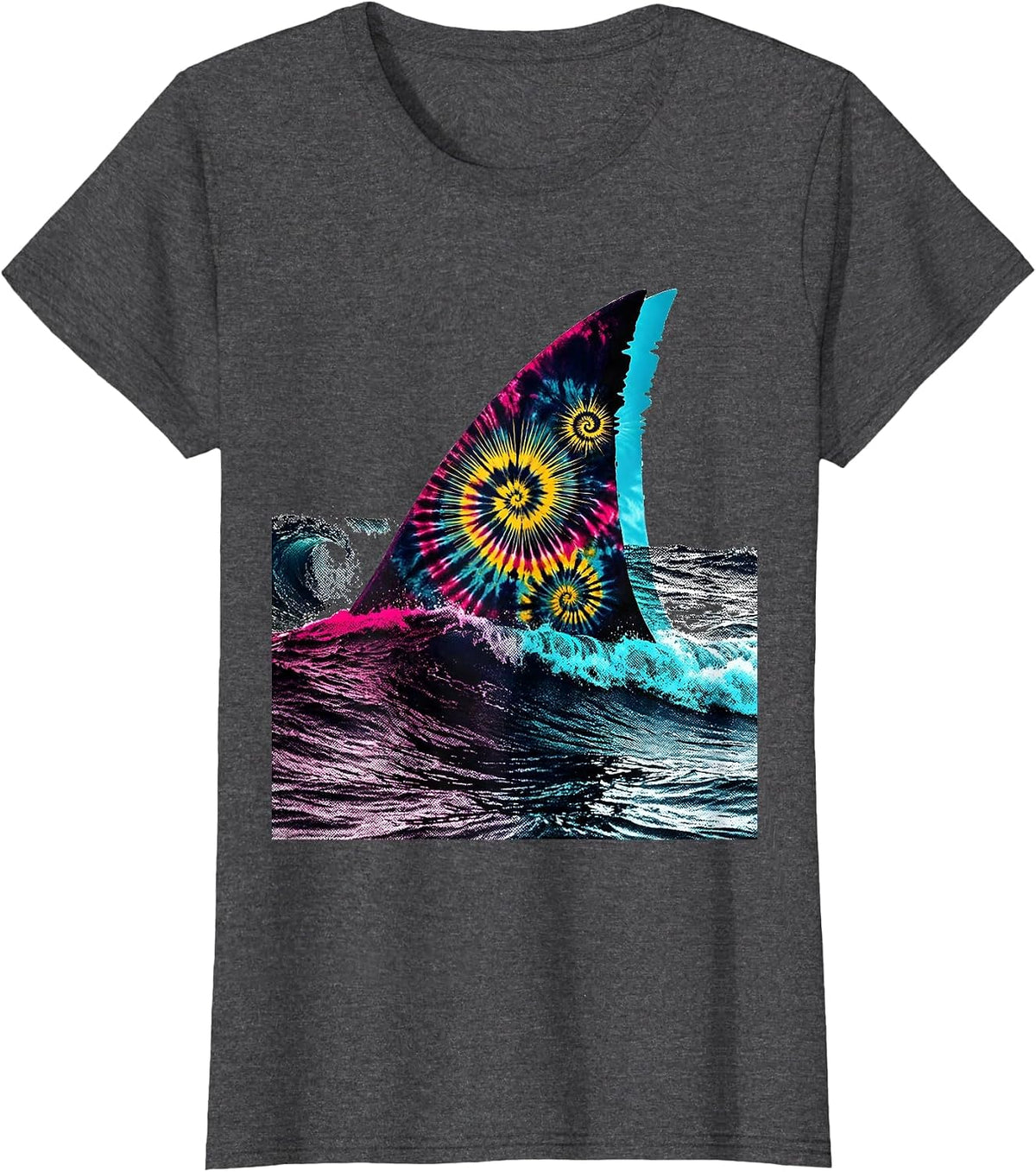 Women's Tie Dye Shark Fin Cutting Through Waves T-Shirt - Dark Heather Grey