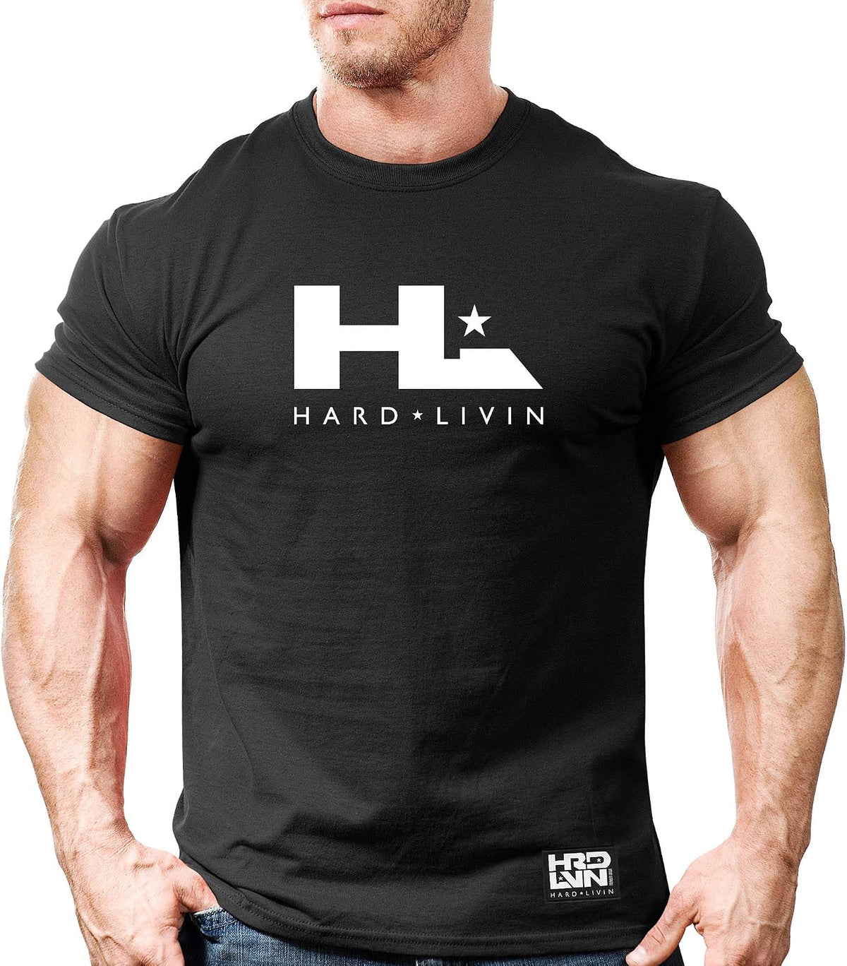 Monsta Clothing Co. Men's Bodybuilding Workout (HardLivin-HL-icon) Gym T-Shirt - Black Tee\/Wt Art