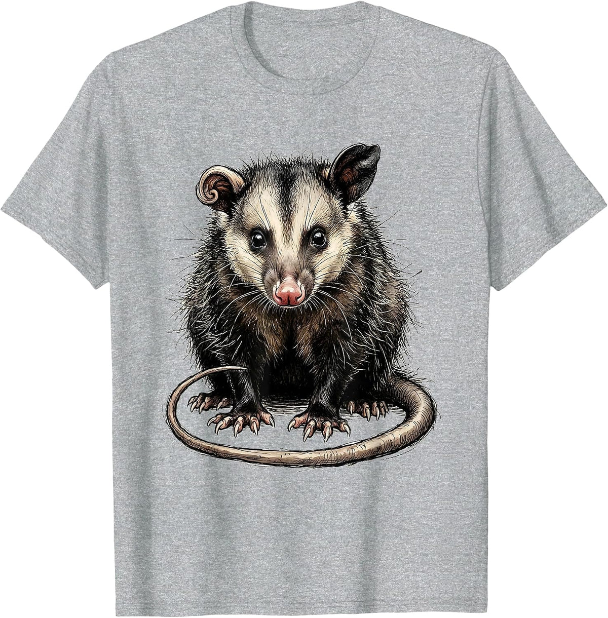Men's Seated Opossum Hand-Sketched Funny Animal Meme T-Shirt - Heather Grey