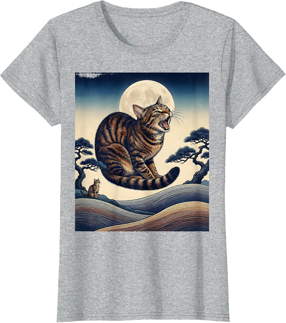 Brown Tabby Cat Howling at Moon 90's Retro Nature Art T-Shirt - Heather Grey