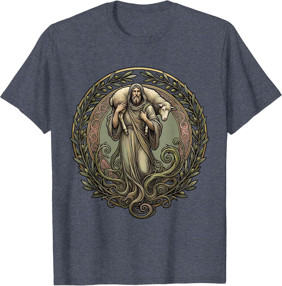 Shepherd Carrying Lost Sheep Christian Faith Design T-Shirt - Heather Blue
