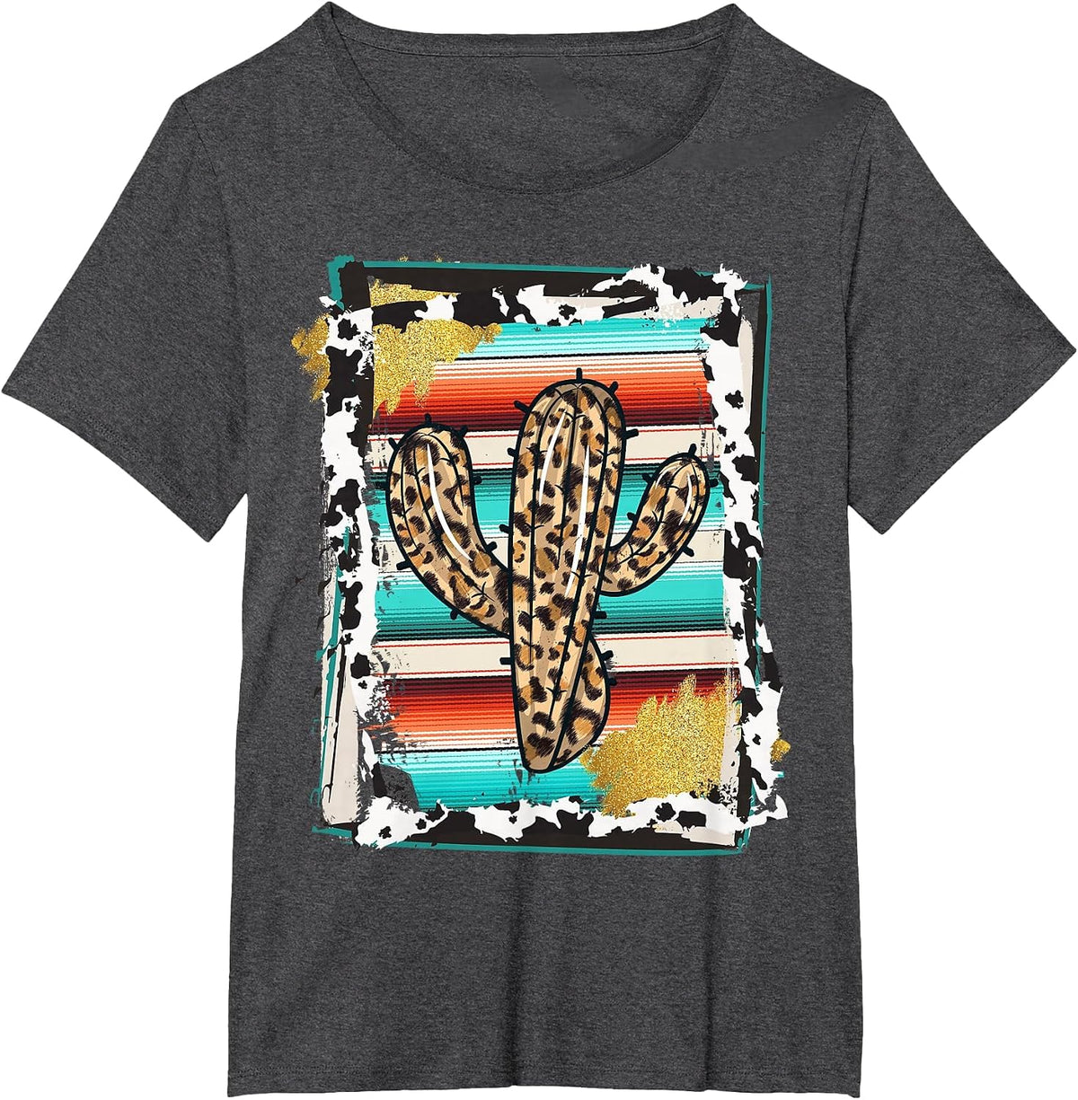 Serape Cactus - Leopard Cow Pattern Print Cowgirl Rodeo T-Shirt - Dark Heather Grey