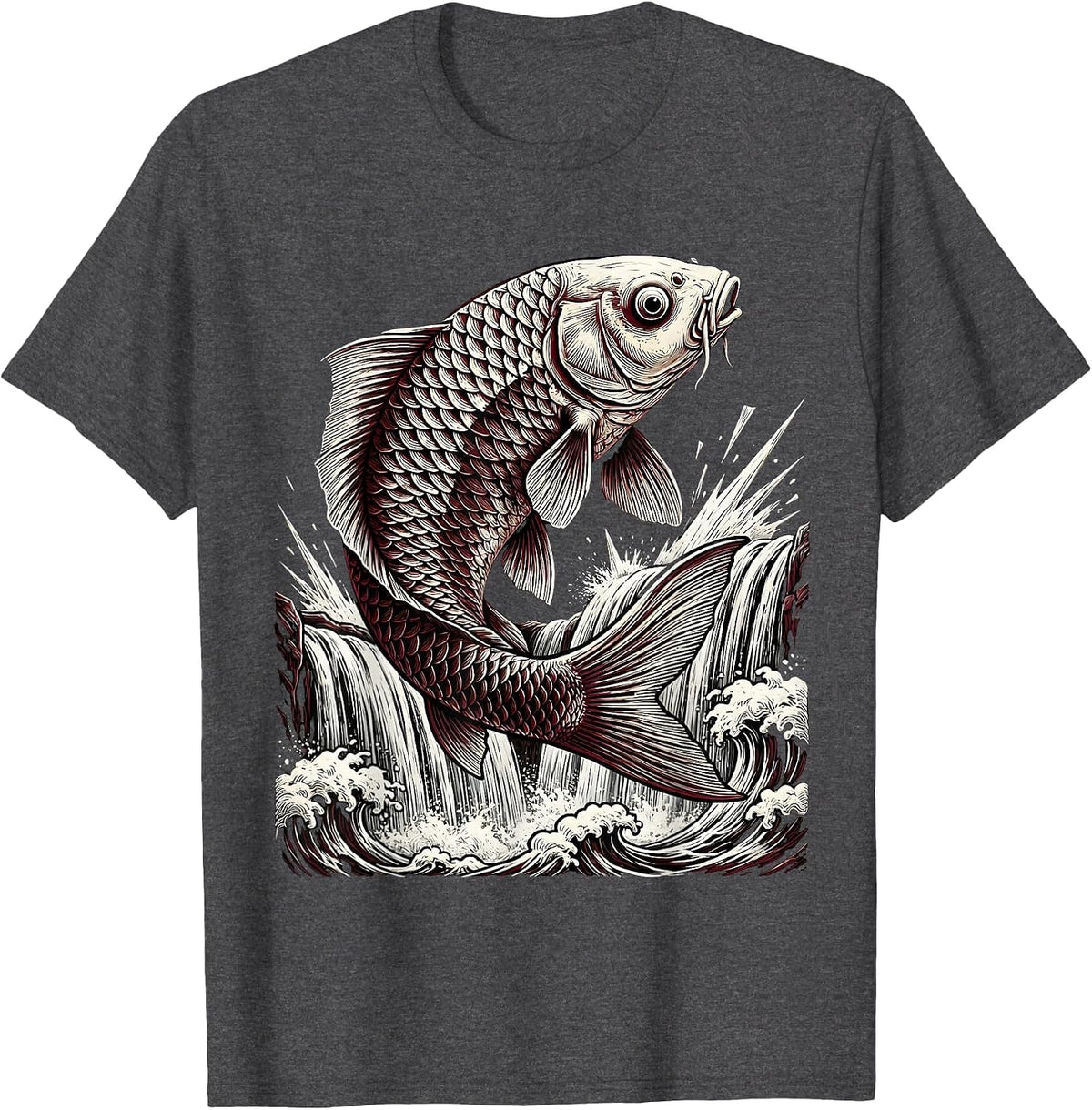 Men's Giant Koi Leaping Over Crashing Waterfall Anime T-Shirt - Dark Heather Grey