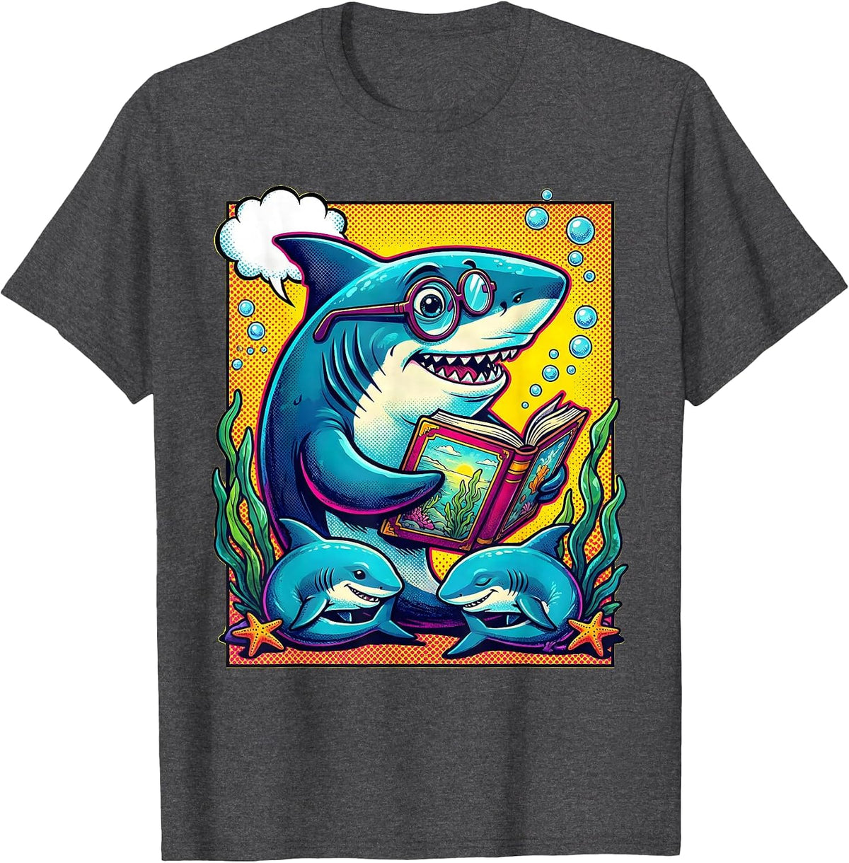 Mommy Shark Bedtime Story Underwater Scene T-Shirt - Dark Heather Grey