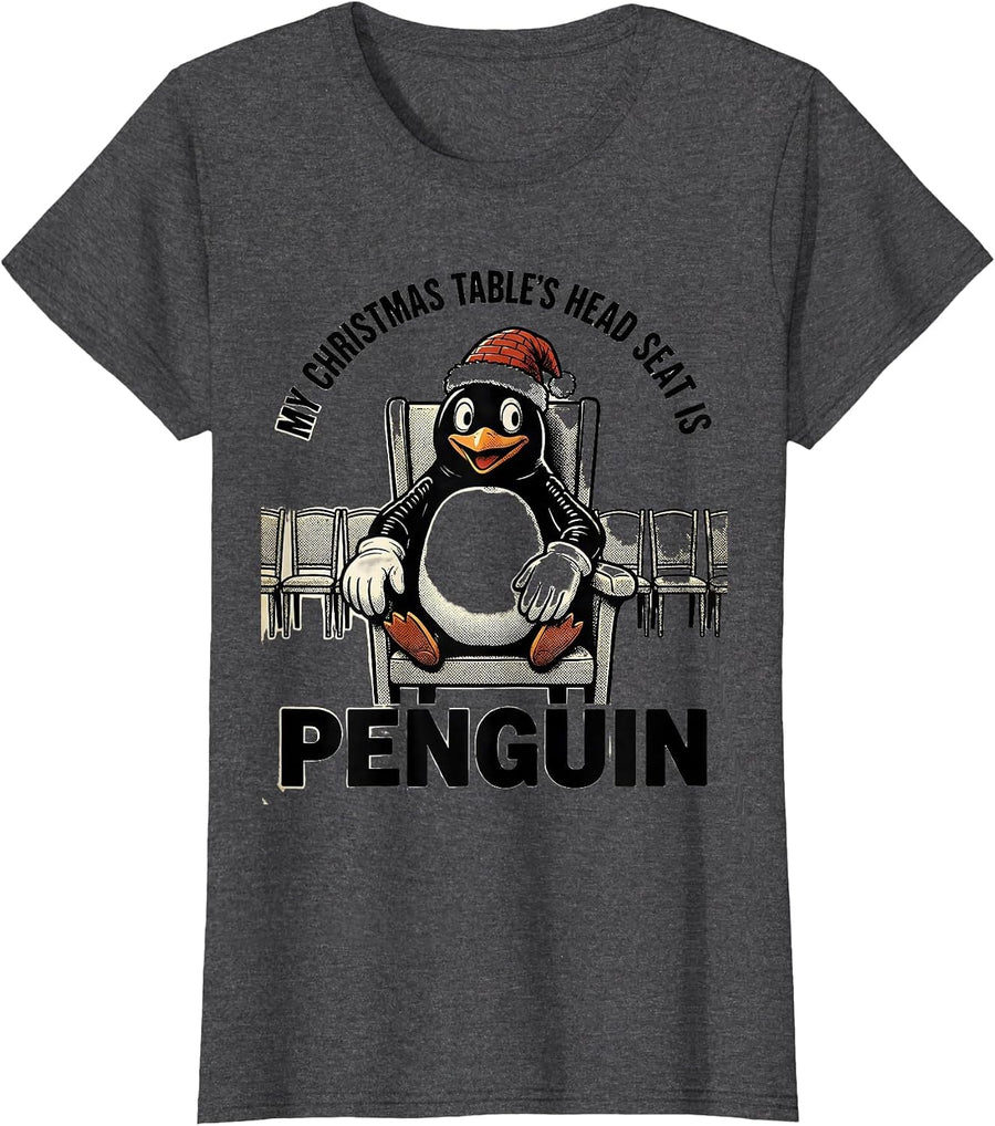 Women's My Christmas Table's Head Seat Is Penguin Funny T-Shirt - Dark Heather Grey