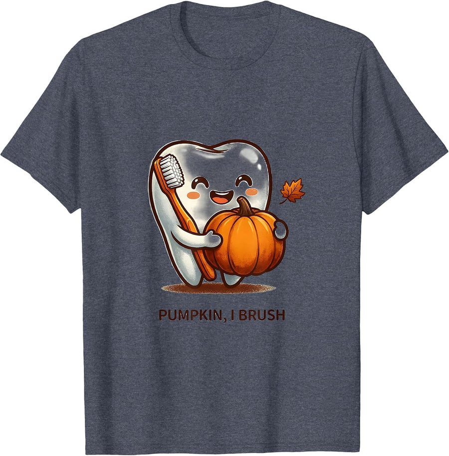Pumpkin, I Brush Cute Kawaii Dental Hygienist Halloween T-Shirt - Heather Blue