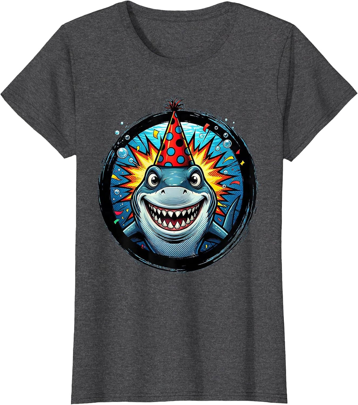 Women's Birthday Boy Shark Party Hat Underwater Scene T-Shirt - Dark Heather Grey