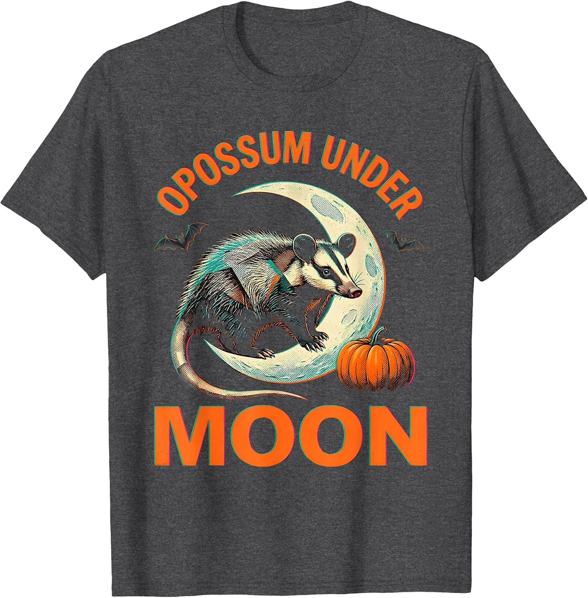 Opossum Under Moon Risograph Halloween Spooky Novelty T-Shirt - Dark Heather Grey