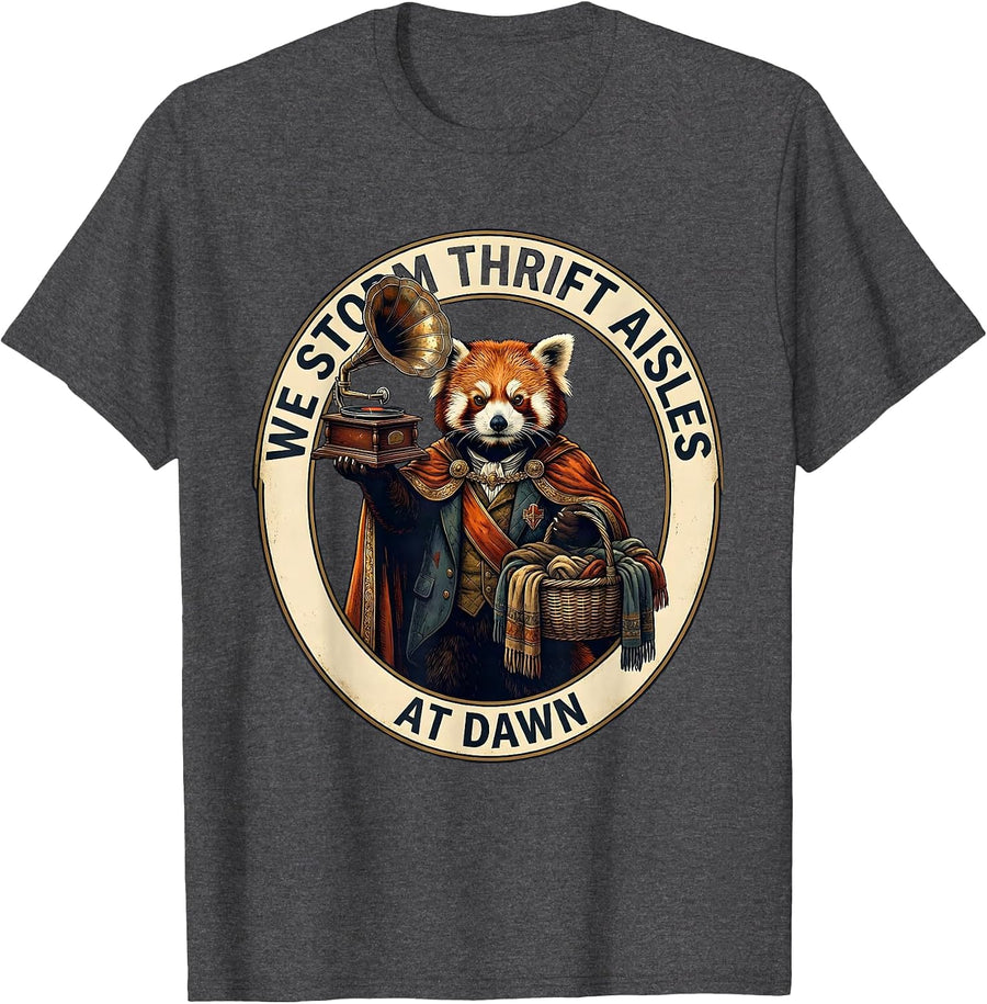 Men's We Storm Thrift Aisles At Dawn Funny Red Panda Thrifting T-Shirt - Dark Heather Grey