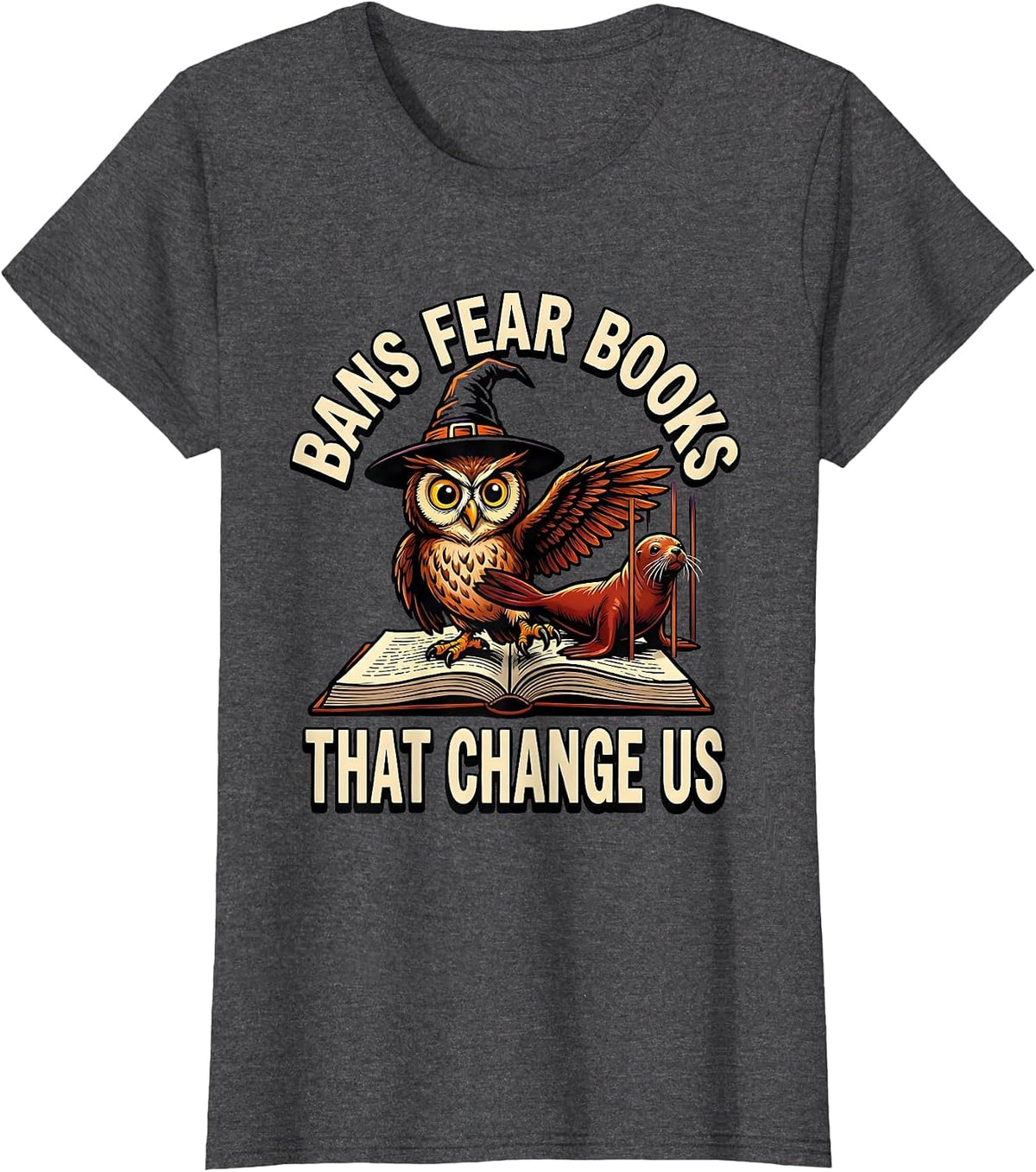 Women's Bans Fear Books That Change Us Cartoon Witch Bookish T-Shirt - Dark Heather Grey