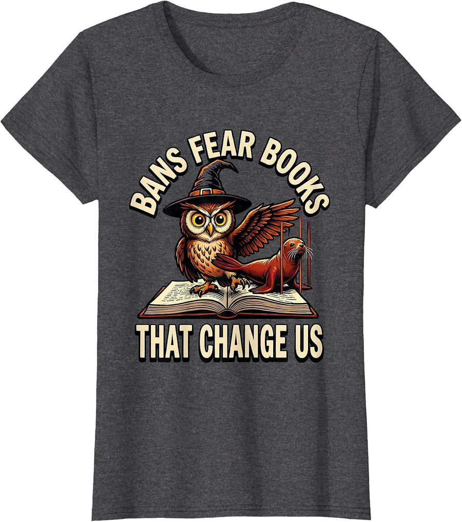 Women's Bans Fear Books That Change Us Cartoon Witch Bookish T-Shirt - Dark Heather Grey