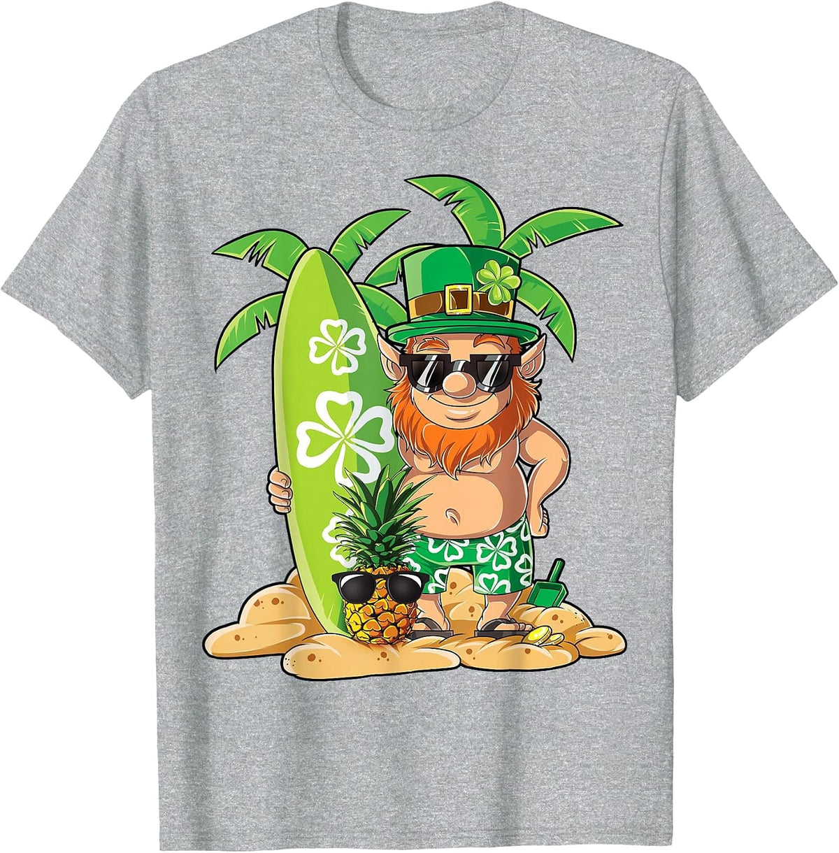 Leprechaun Hawaiian Surfing St Patricks Day Hawaii Men Women T-Shirt - Heather Grey