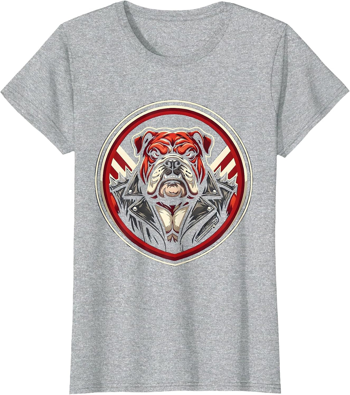 Bulldog Biker Spiked Leather Jacket Graphic T-Shirt - Heather Grey