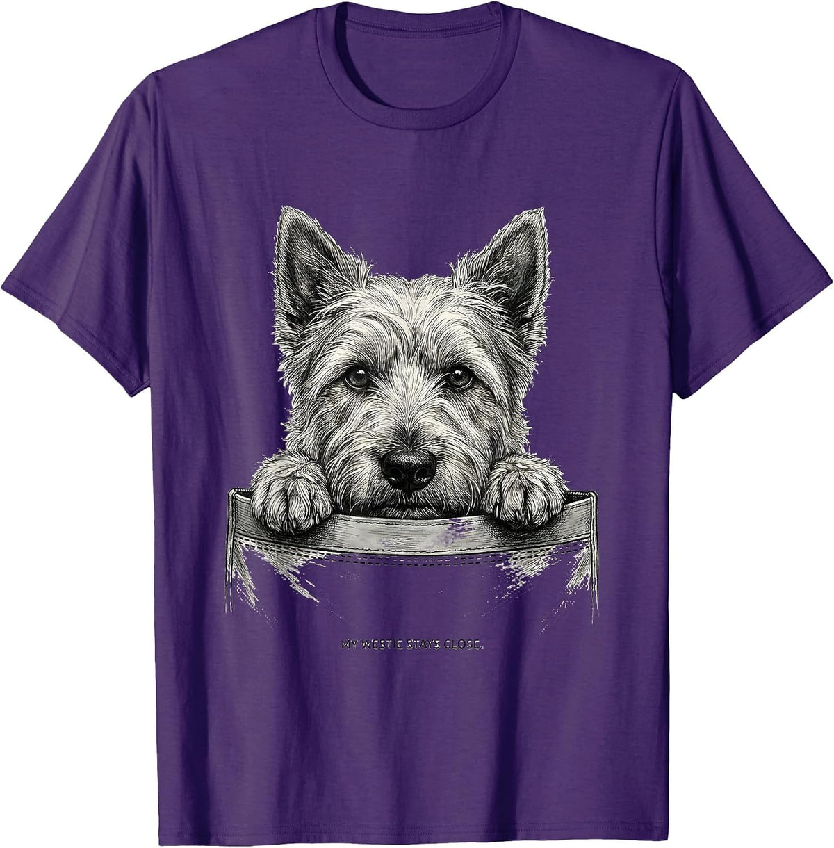 My Westie Stays Close Monochromatic Dog Lover Gift T-Shirt - Purple