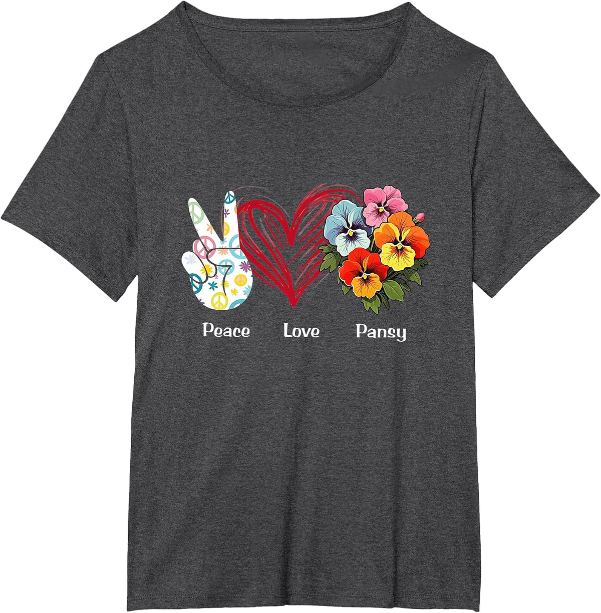 Peace Love Pansy Flower Hippie Pansy Lover T-Shirt - Dark Heather Grey