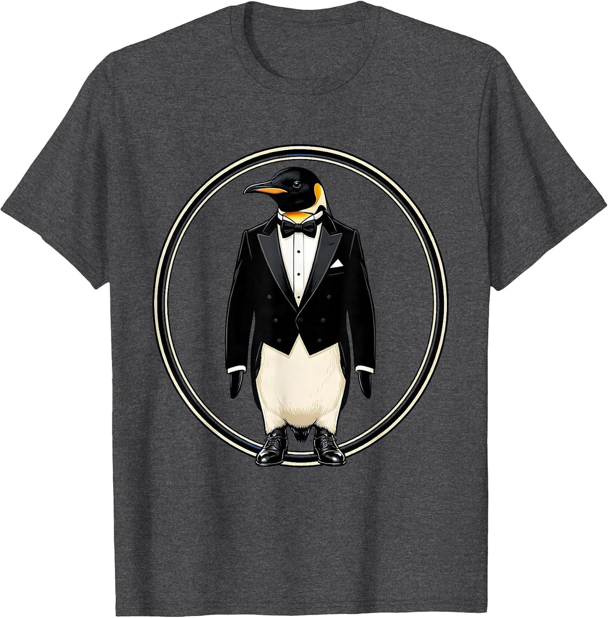Penguin in Tuxedo Bow Tie Funny Formal Design T-Shirt - Dark Heather Grey