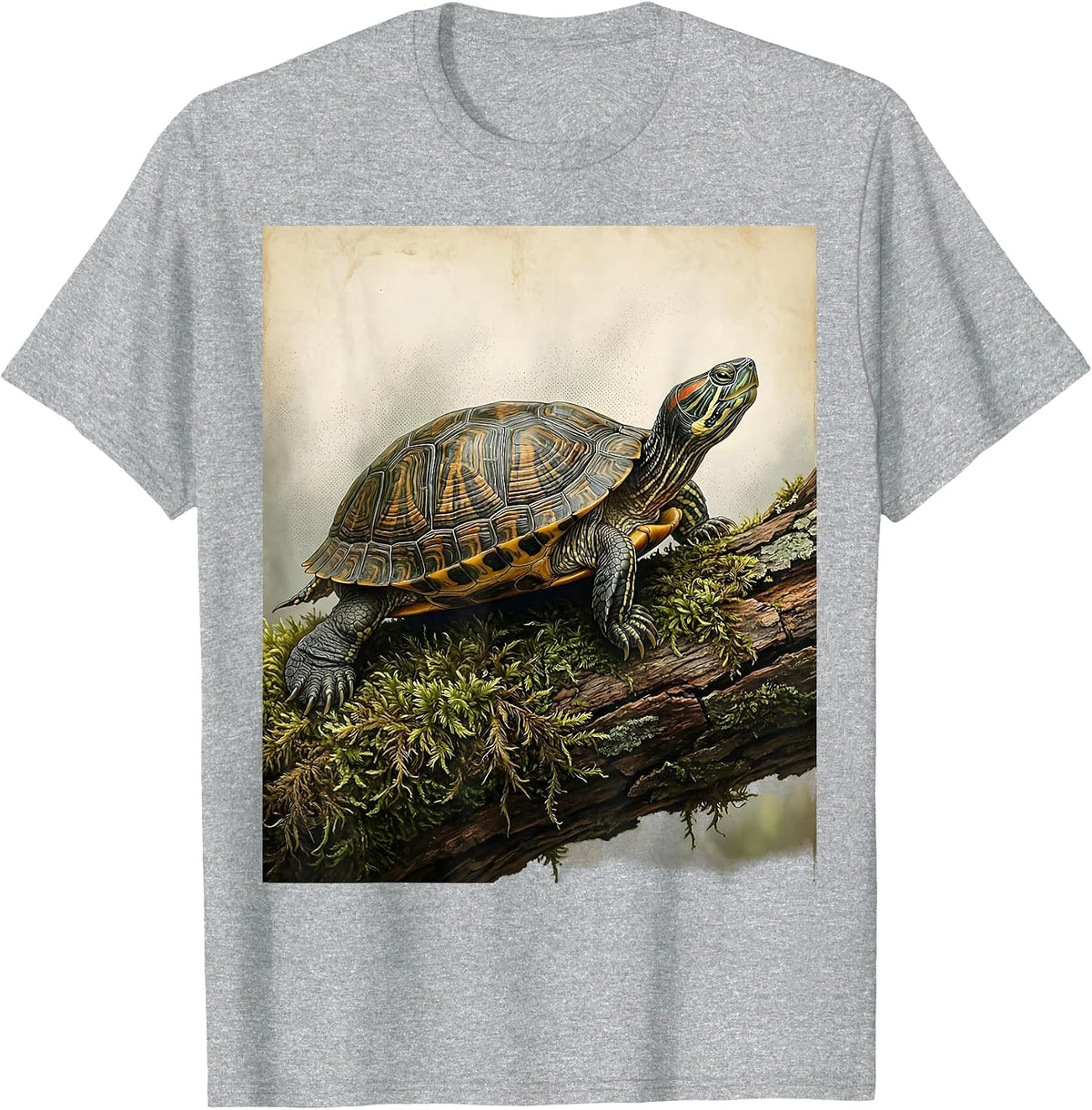 Men's Turtle on Mossy Log Foggy Nature Illustration T-Shirt - Heather Grey
