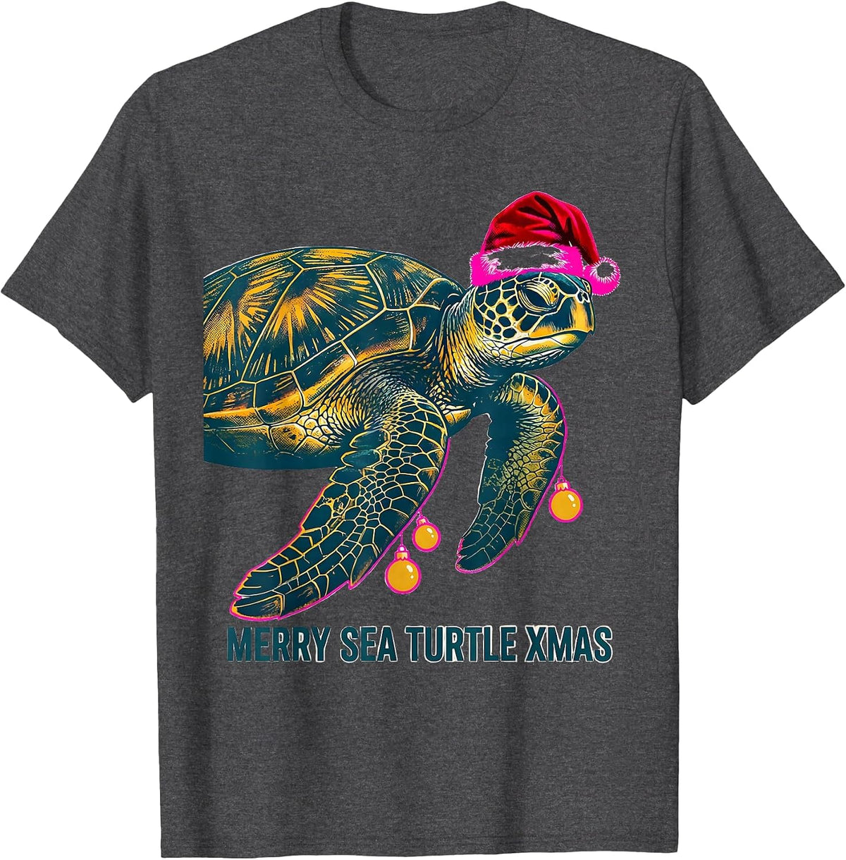 Men's Merry Sea Turtle Xmas Risograph Whimsical Sea Turtle Lover T-Shirt - Dark Heather Grey