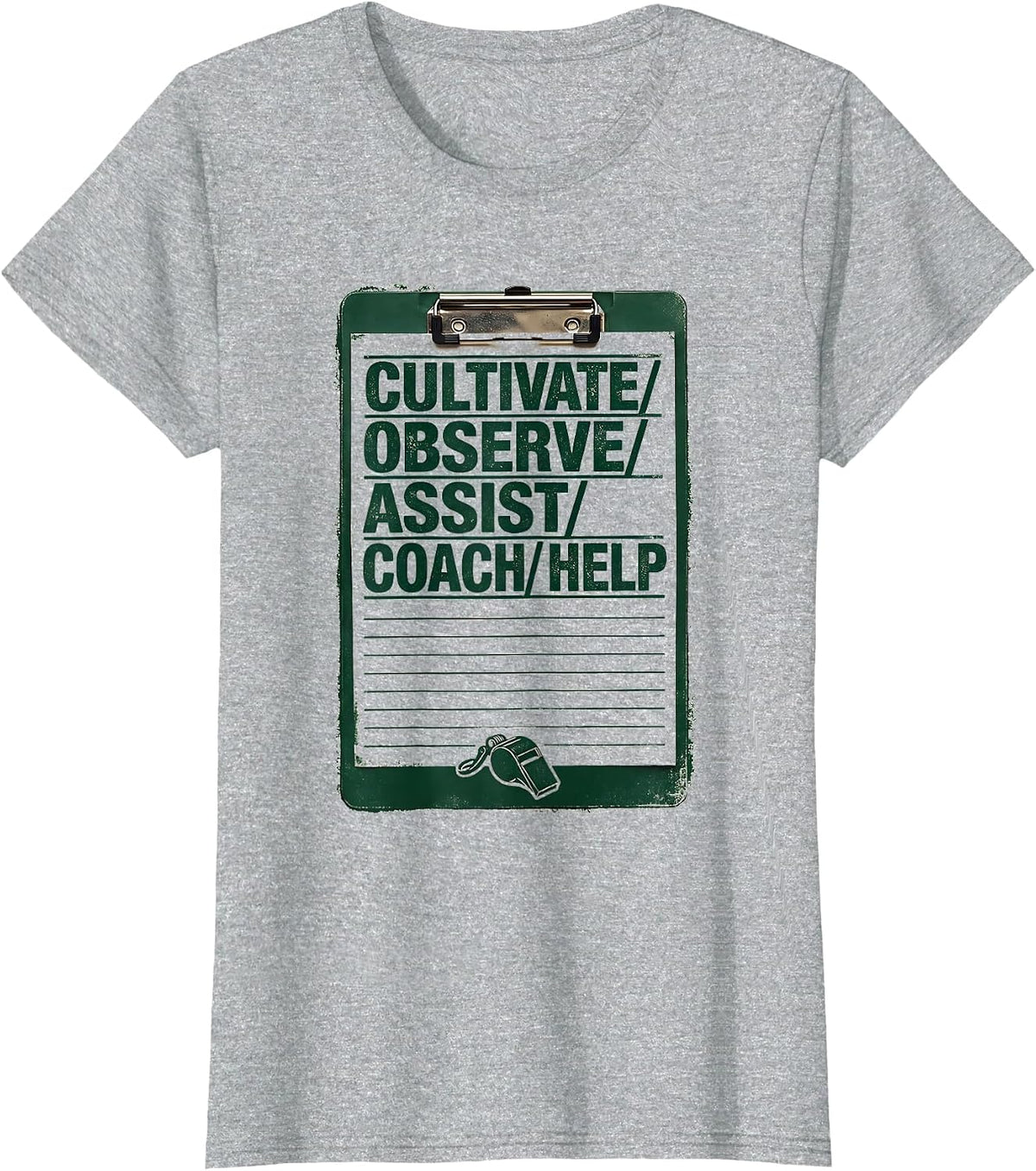 Women's CULTIVATE OBSERVE ASSIST COACH HELP Rubber Stamp Coach T-Shirt - Heather Grey