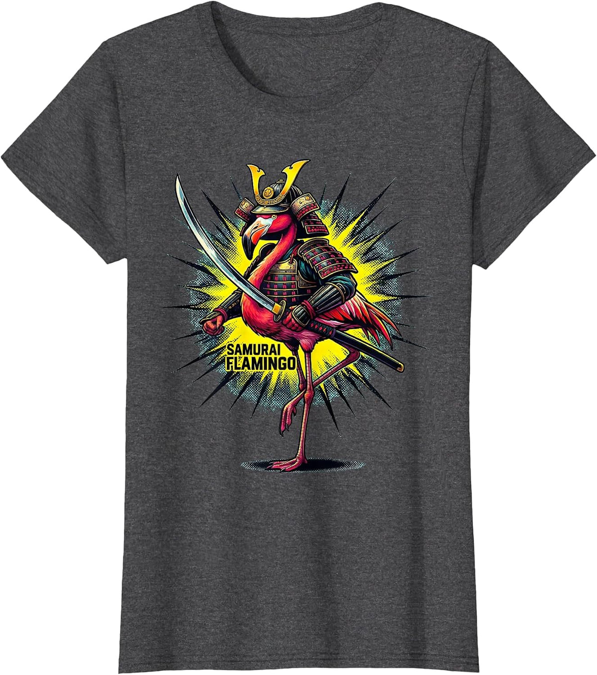 Women's Samurai Flamingo Pop Art Anime Warrior Graphic T-Shirt - Dark Heather Grey