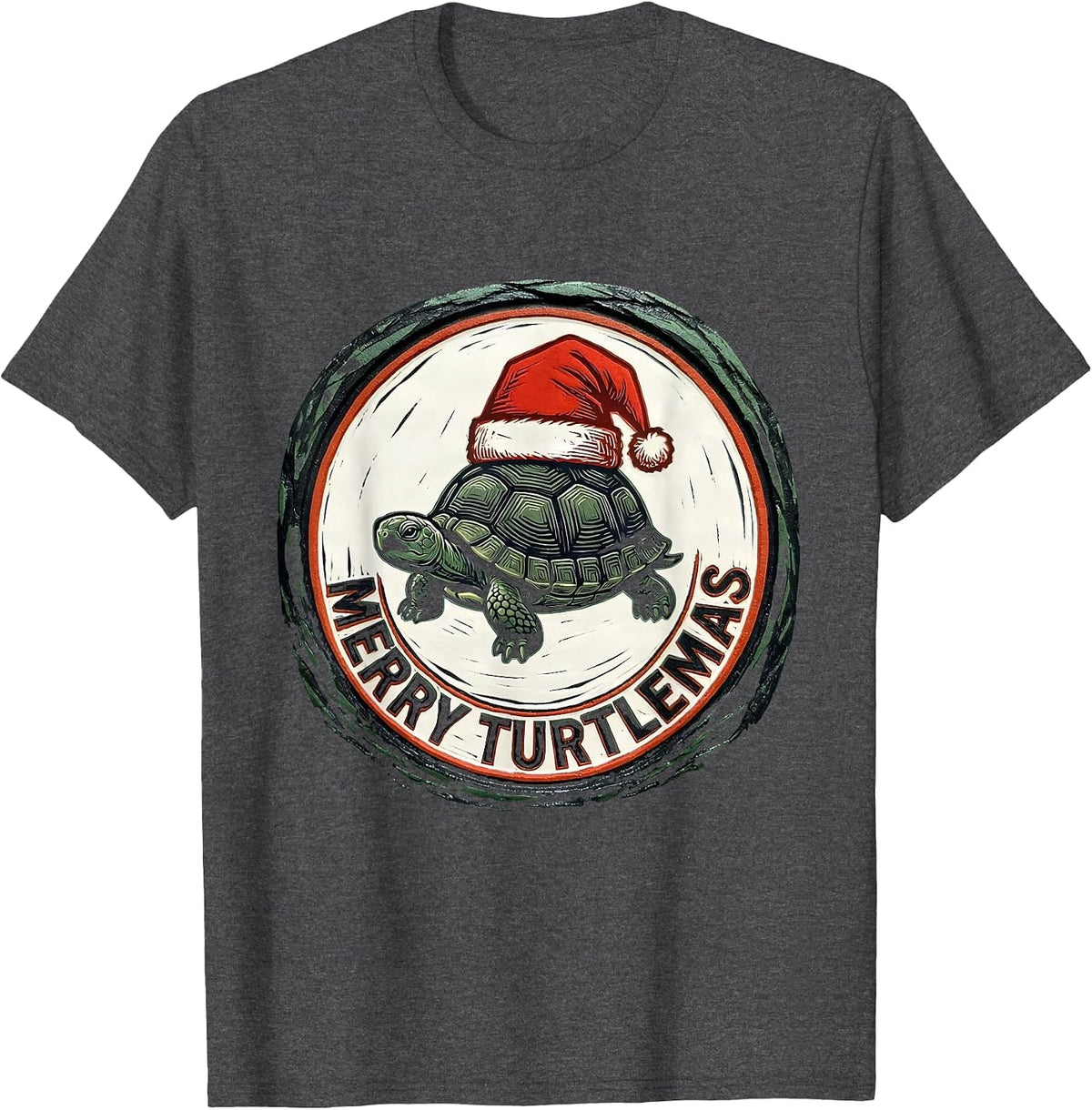 Men's Merry Turtlemas Linocut Funny Turtle Lover Christmas T-Shirt - Dark Heather Grey