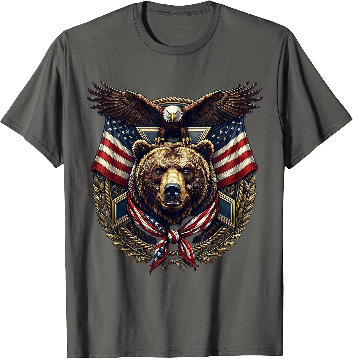 Patriotic Bear Star-Spangled Bandana Graphic T-Shirt - Asphalt Grey