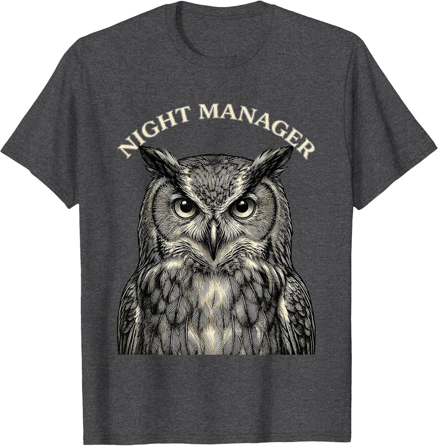 Men's Night Manager Crosshatch Owl Wildlife Animal Print Nature T-Shirt - Dark Heather Grey