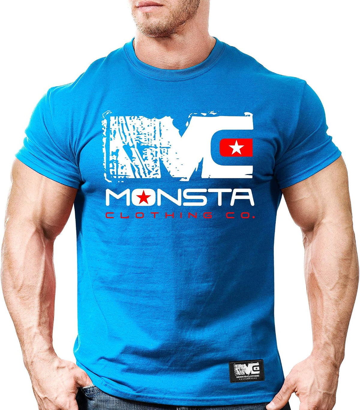 Monsta Clothing Co. Men's Bodybuilding Fitness Workout (MC-Icon-108) Gym T-Shirt - Blue\/White
