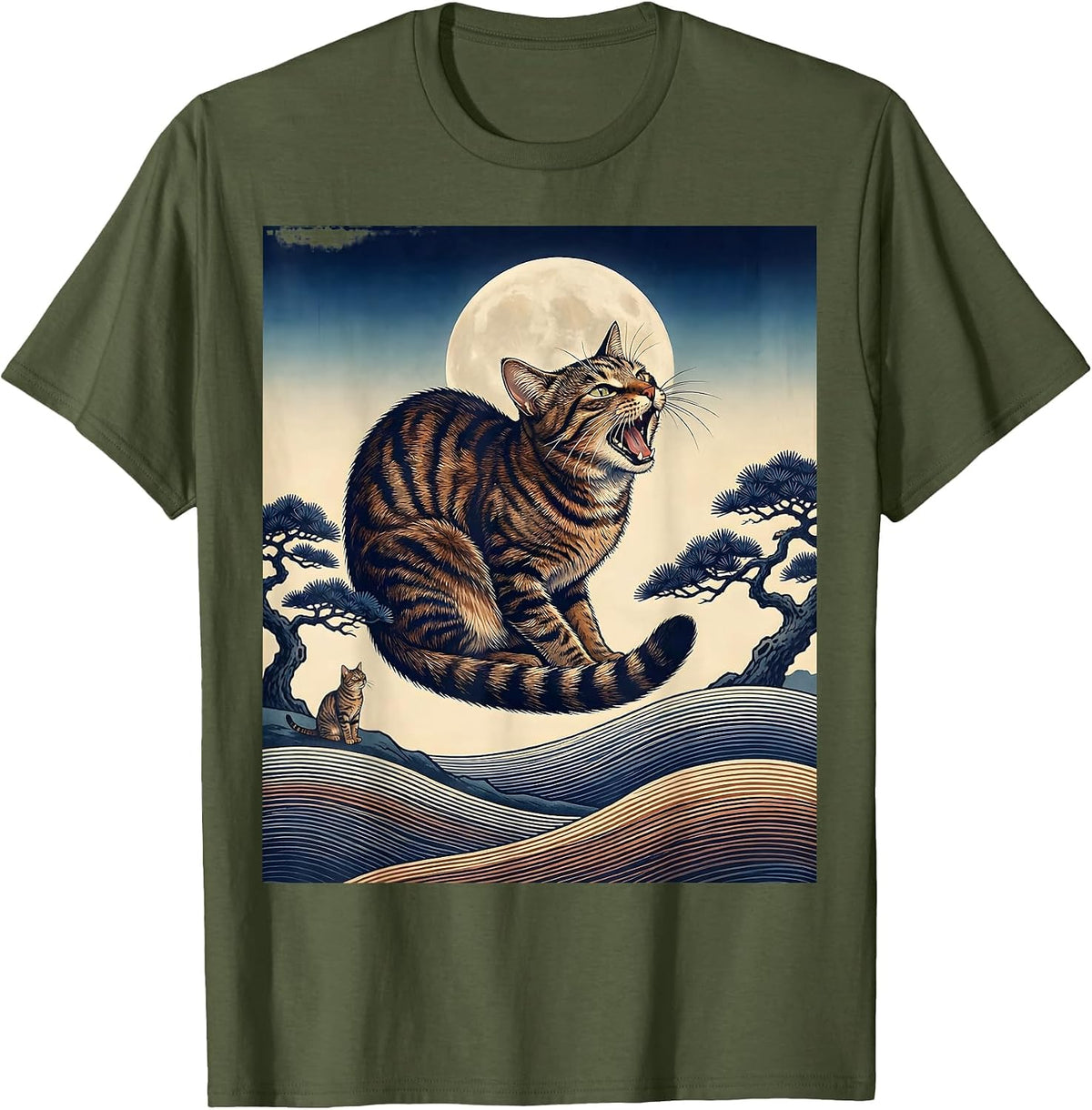 Brown Tabby Cat Howling at Moon 90's Retro Nature Art T-Shirt - Olive Green