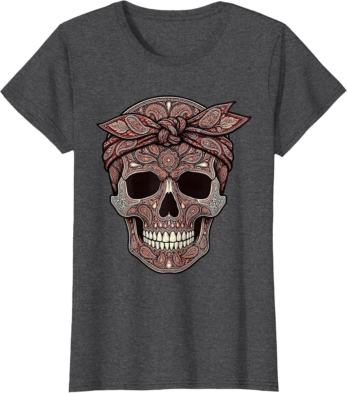 Women's Skull Knotted Bandana Headband Graphic T-Shirt - Dark Heather Grey