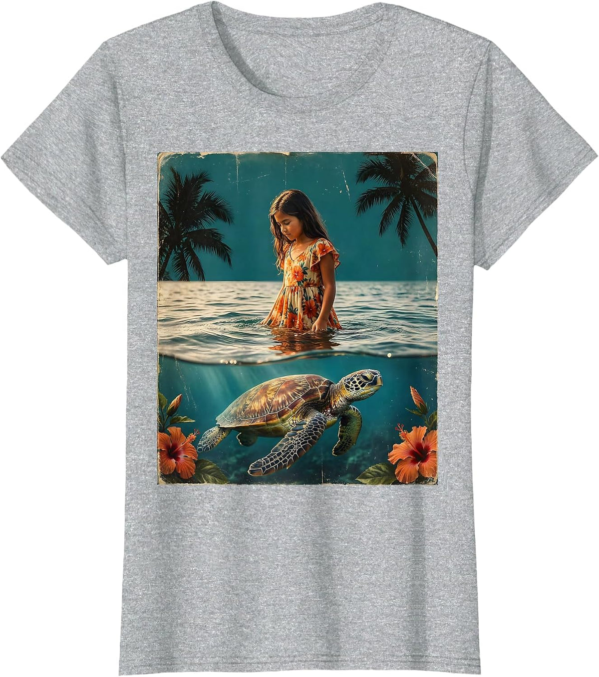 Hawaiian Girl and Sea Turtle Ocean Art Design T-Shirt - Heather Grey