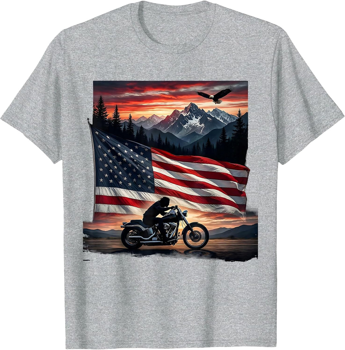 Men's American Flag Motorcycle Patriotic Graphic Tee T-Shirt - Heather Grey