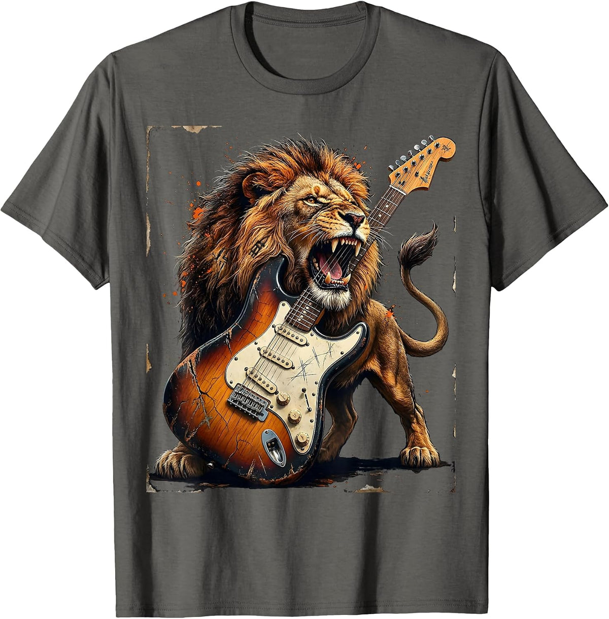 Roaring Lion Electric Guitar Rock And Roll Graphic T-Shirt - Asphalt Grey