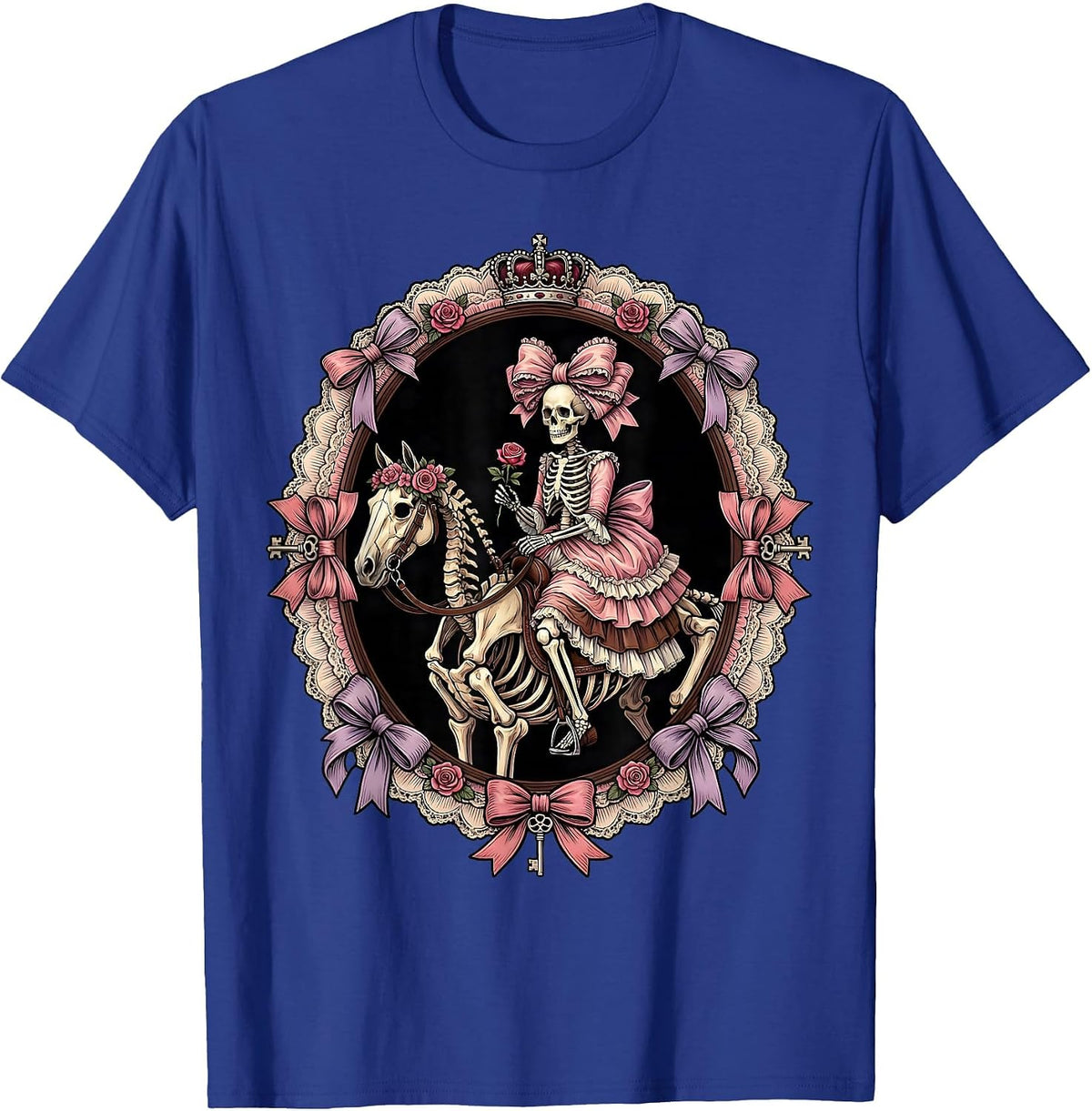 Skeleton Riding Side-Saddle on Horseback T-Shirt - Royal Blue