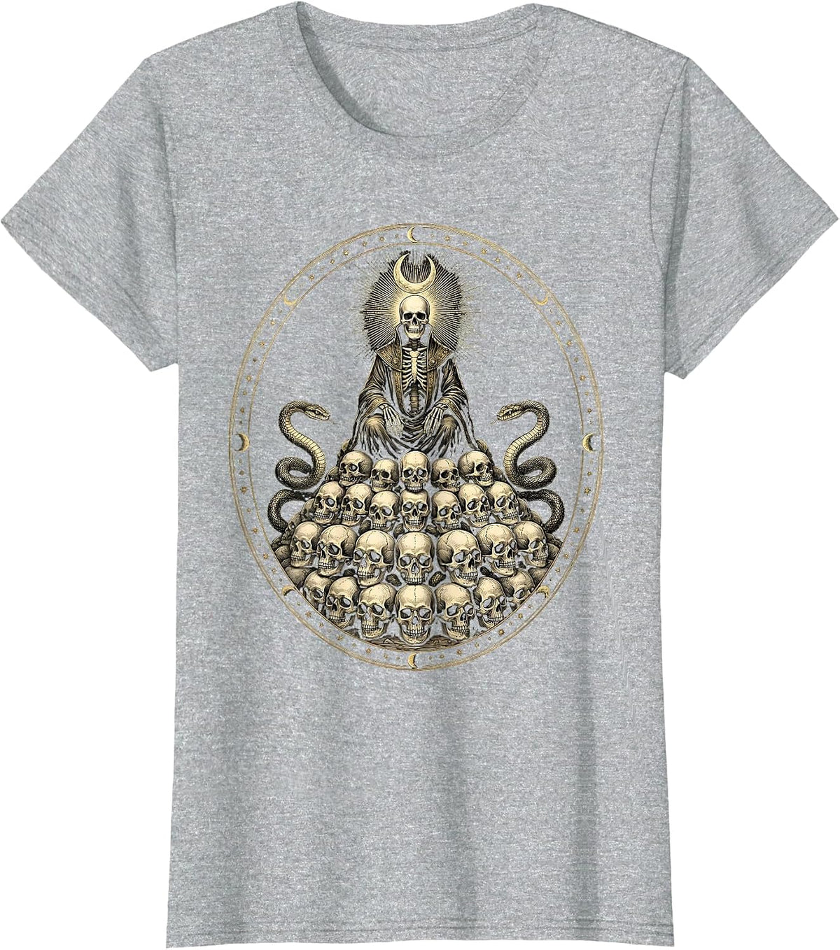 Skeleton Throne of Skulls Dark Fantasy Art T-Shirt - Heather Grey