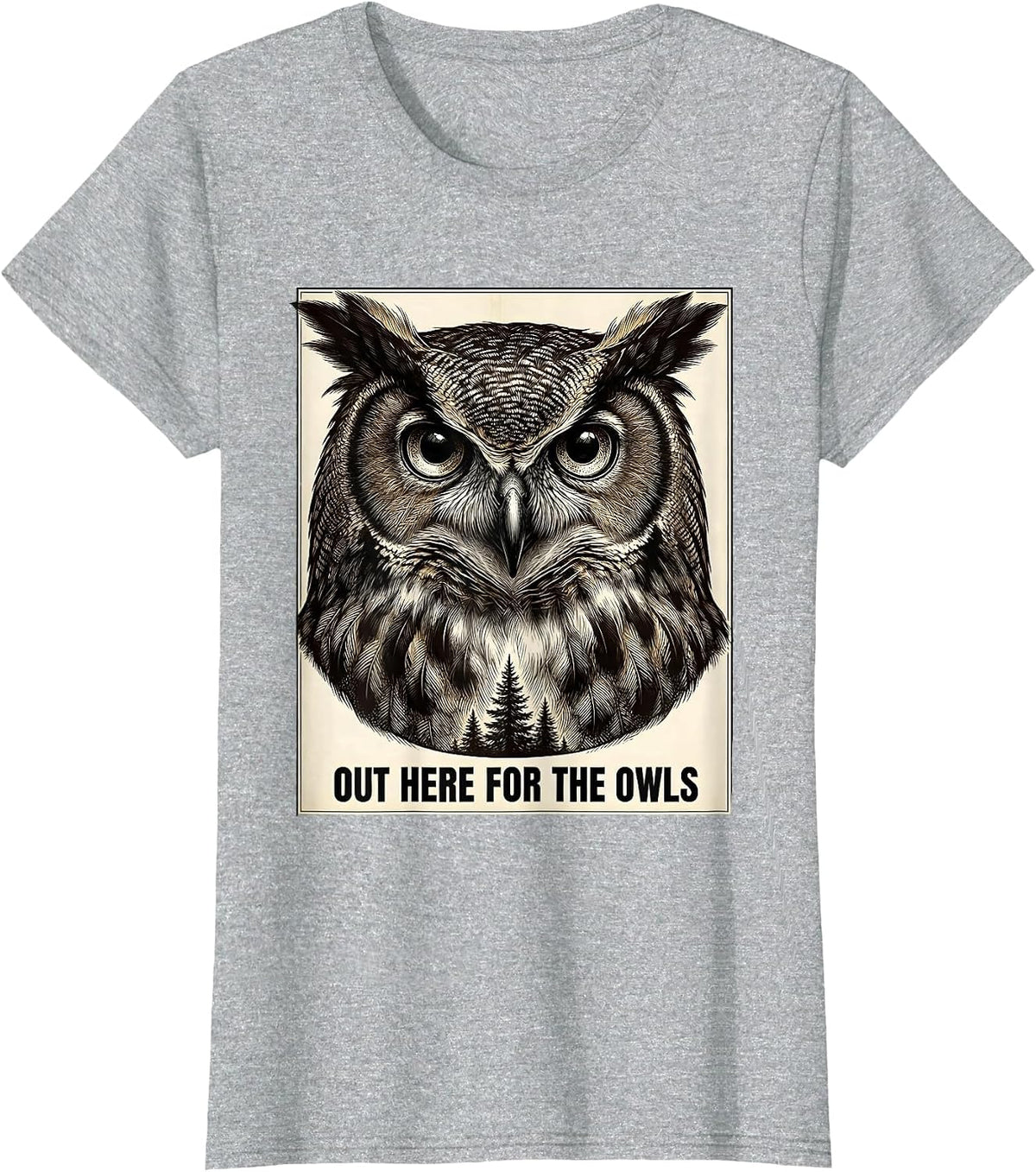 Women's Out Here For The Owls Crosshatch Etching Forest Wildlife T-Shirt - Heather Grey