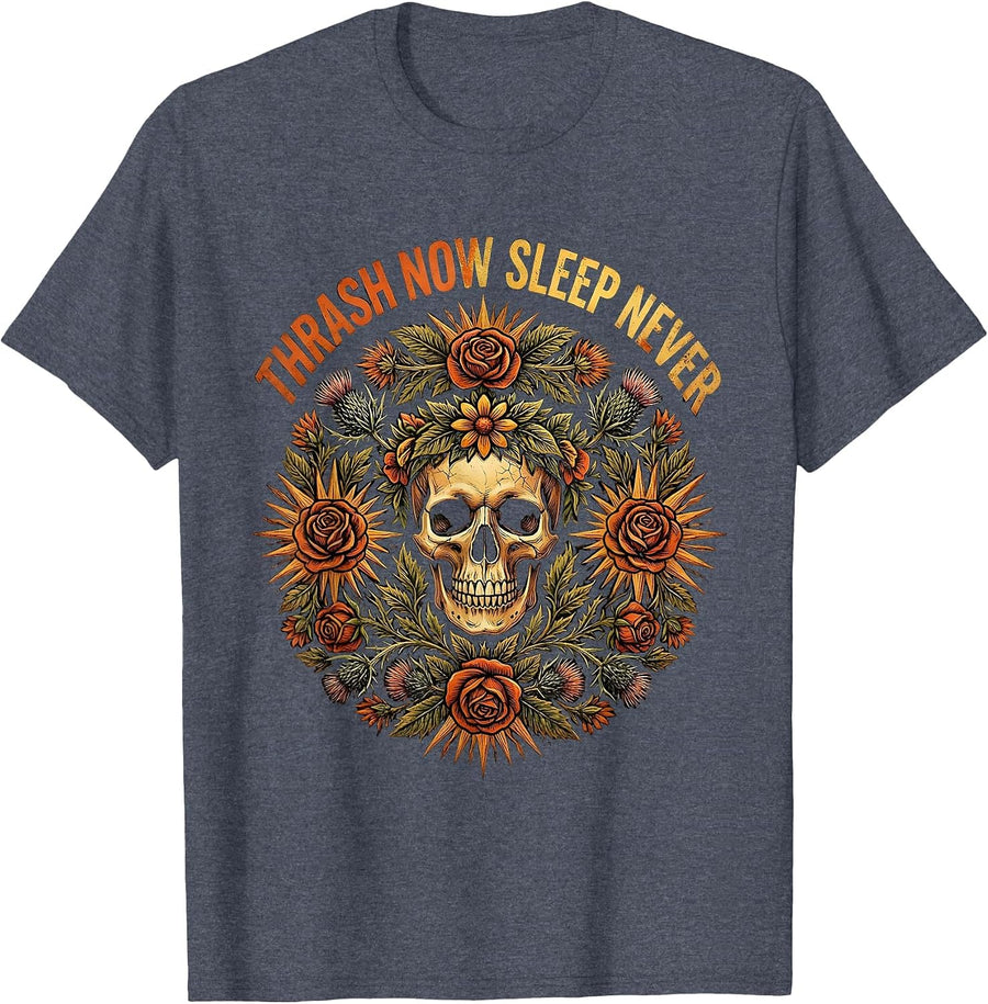 Thrash Now Sleep Never Heavy Metal Design T-Shirt - Heather Blue