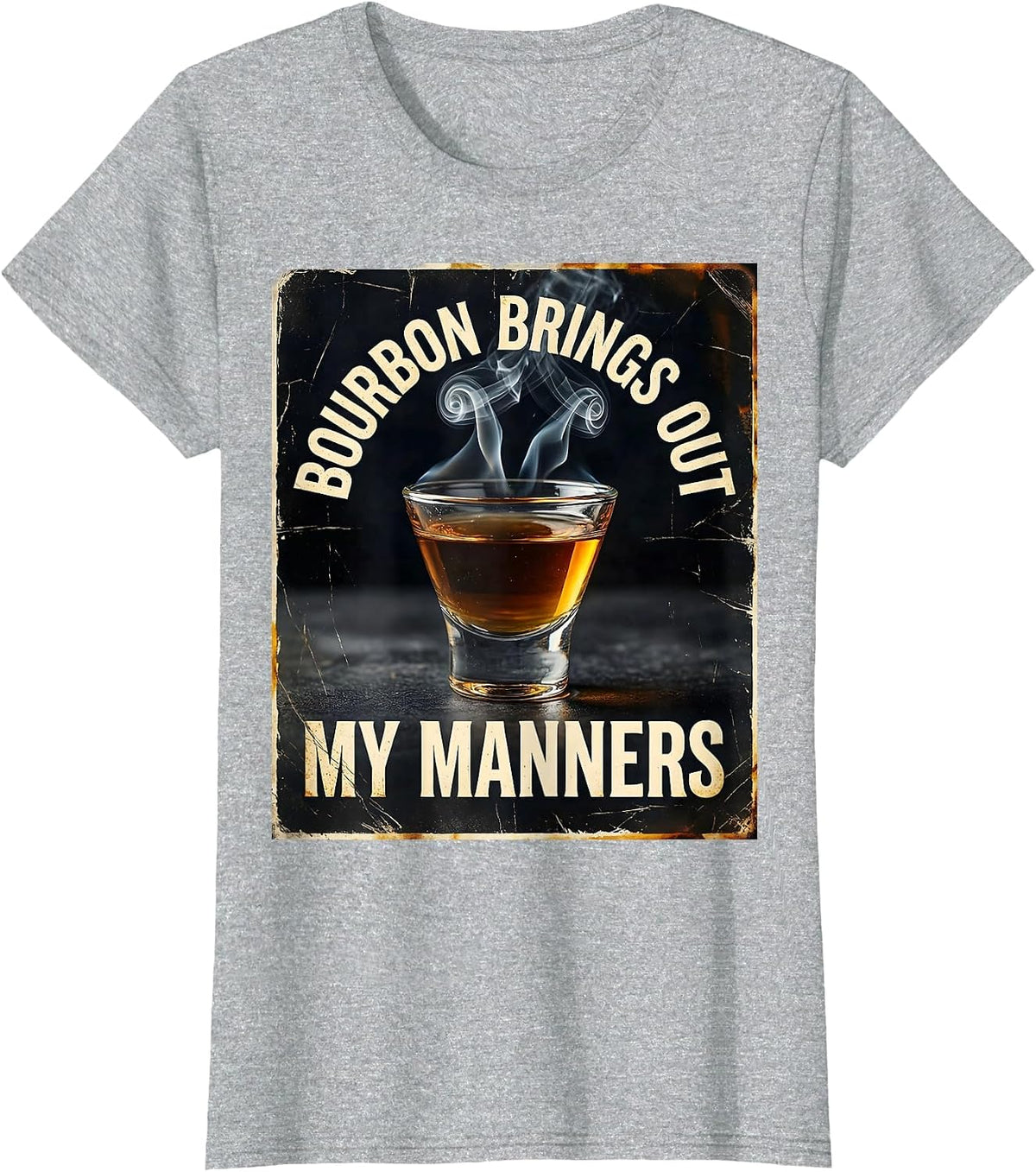 Bourbon Brings Out My Manners Distressed Funny Bourbon Lover T-Shirt - Heather Grey