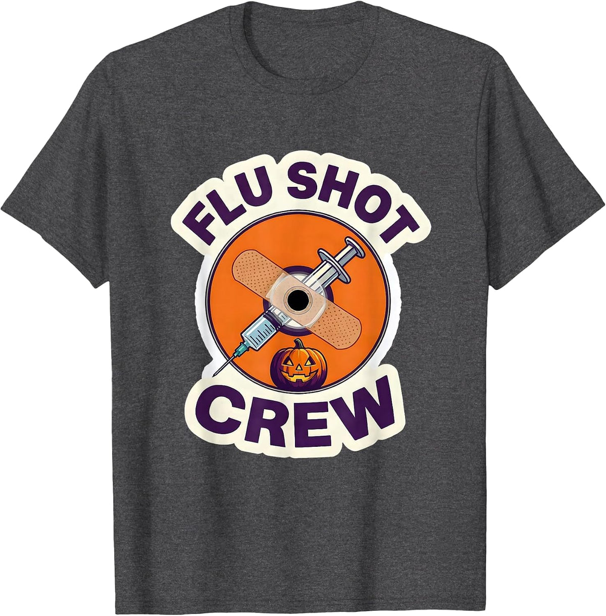 Men's Flu Shot Crew Jack-O'-Lantern Funny Halloween Nurse Humor T-Shirt - Dark Heather Grey