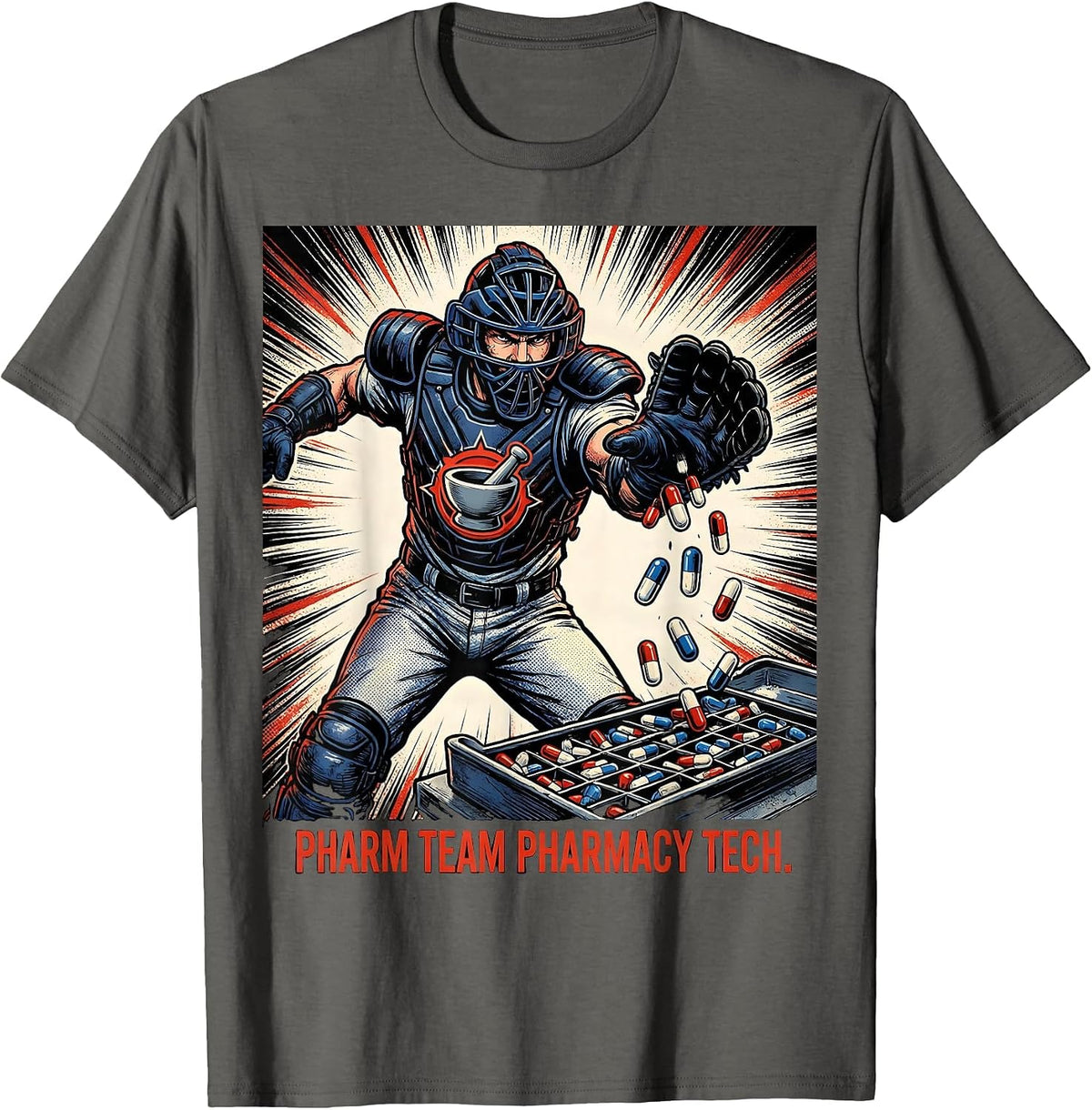 Men's Pharm Team Pharmacy Tech Comic Book Pharmacy Technician T-Shirt - Asphalt Grey