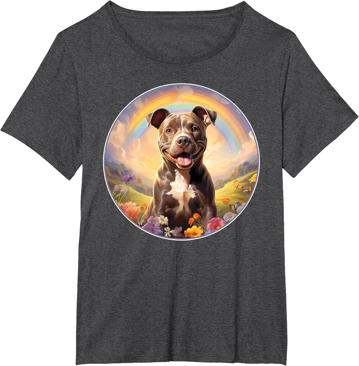 Pitbull Rainbow Bridge Memorial Colorful Dog Art T-Shirt - Dark Heather Grey